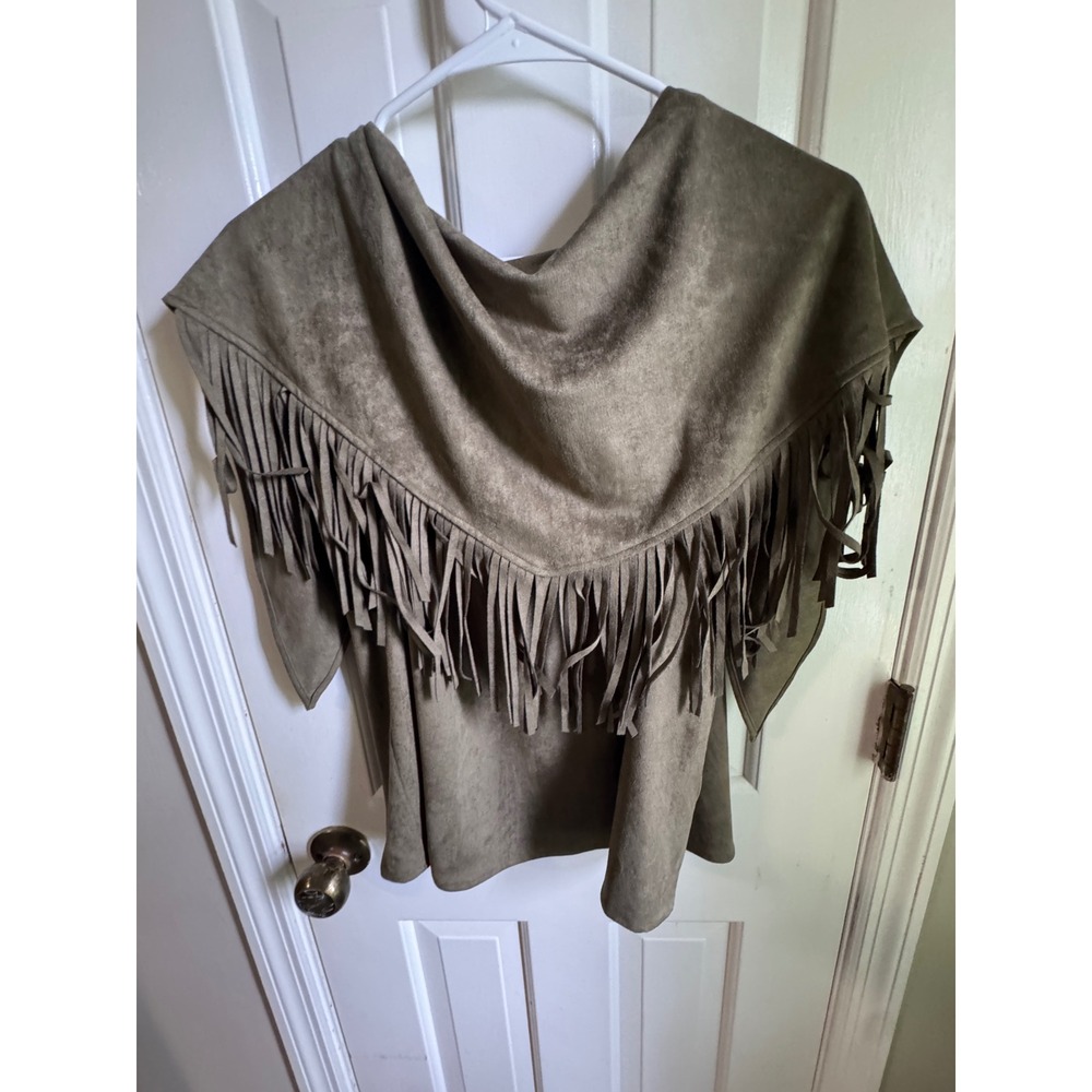 Fab'rik Perry Faux‎ Suede Fringe Detail Top Olive Green Sleeveless Blouse L NEW